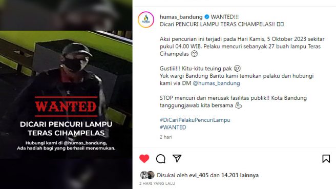 Humas Pemkot Bandung mengumumkan sayembara berhadiah untuk menemukan pencuri lampu di Teras Cihampelas (Instagran Humas Pemkot Bandung)