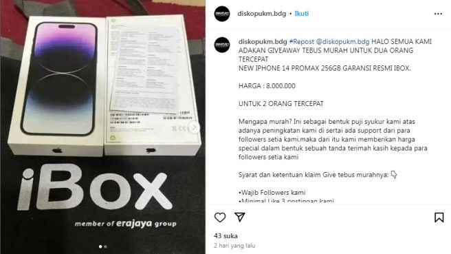 Akun Instagram KUKM Kota Bandung diretas dengan melakukan giveway (Instagram KUKM).