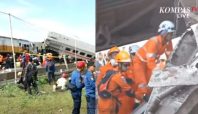 Proses evakuasi korban meninggal dunia akibat kecelakaan KA Turangga dengan KA Lokal Bandung (KompasTV).