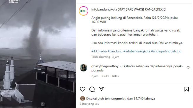 Angin puting beliung terjang Rancaekek Rabu sore (Instagram Infobandungkota).