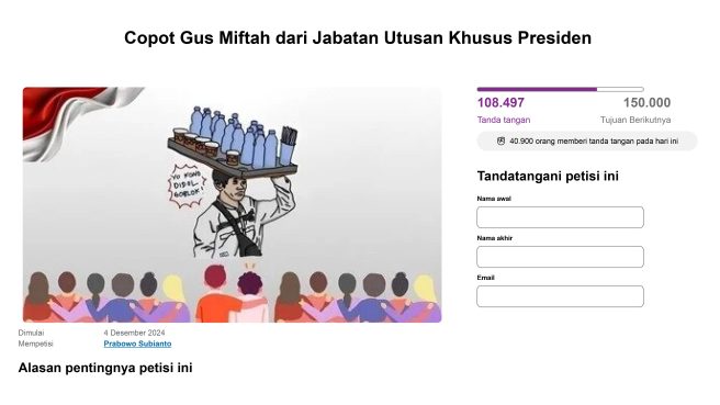 Petisi Copot Gus Miftah dari Jabatan Utusan Khusus Presiden (Tangapan Layar Change.org).