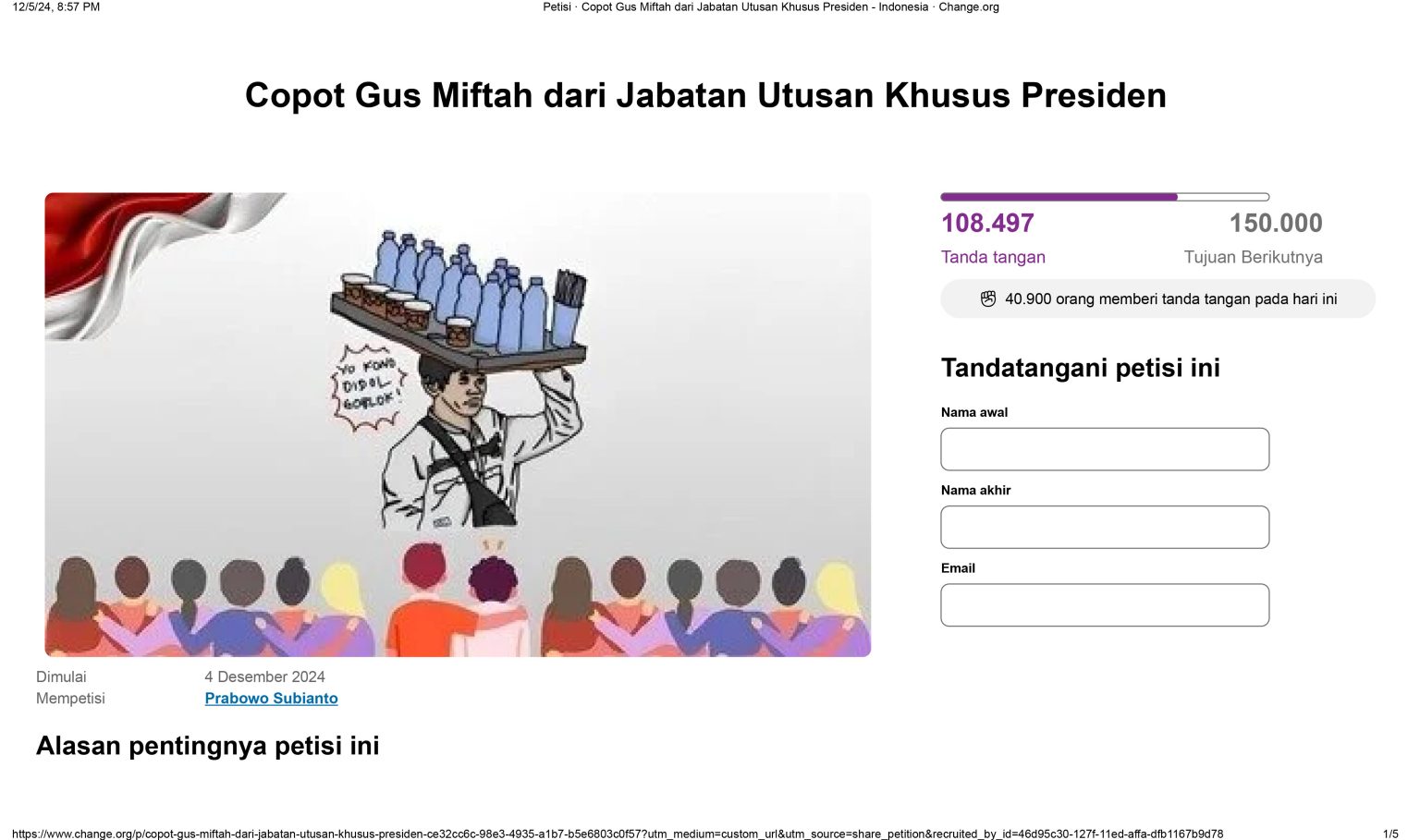Petisi Copot Gus Miftah dari Jabatan Utusan Khusus Presiden (Tangapan Layar Change.org).