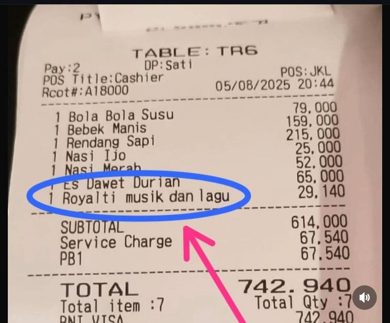 Viral Struk Makan di Resto Ada Biaya Royalti Musik Rp 29 Ribu (TikTok @nukamarikopi).