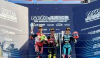 M. Kiandra Ramadhipa (kiri) meraih podium kedua pada race 2 putaran terakhir FIM Moto3 Junior World Championship 2026 di Misano World Circuit Marco Simoncelli, Italia, Minggu (18/10) (dok Honda).